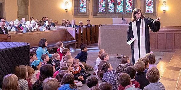 The Reverend Rachel Pedersen presents the Children's Moment during a worship service at Bryn Mawr Presbyterian Church
