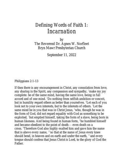 Sunday, September 11, 2022 Sermon: Incarnation by the Rev. Dr. Agnes W. Norfleet