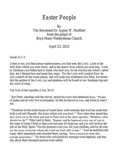Sunday, April 23 Sermon: Easter People by the Rev. Dr. Agnes W. Norfleet