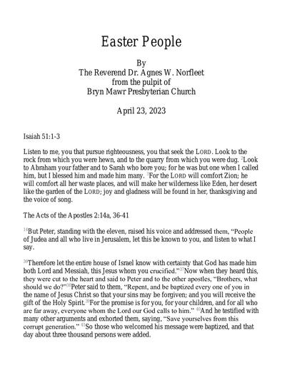 Sunday, April 23 Sermon: Easter People by the Rev. Dr. Agnes W. Norfleet