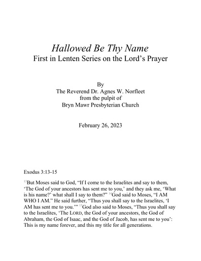 Rev Agnes W Norfleet Lords Prayer 1 Hallowed be Thy Name 02-26-23