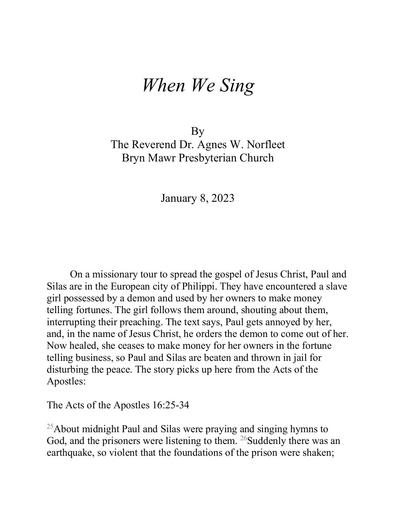 Sunday, January 8, 2023  Sermon: When We Sing by the Rev. Dr. Agnes W. Norfleet