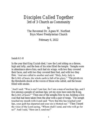 Sunday, February 6, 2022 Sermon: Disciples Called Together by the Rev. Dr. Agnes W. Norfleet Church