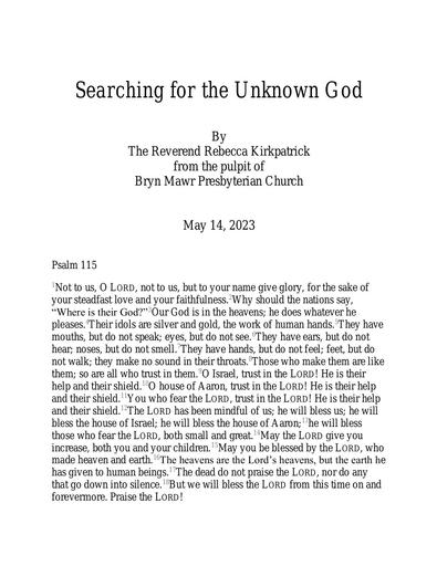 Sunday, May 14 Sermon: Searching for the Unknown God by the Rev. Rebecca Kirkpatrick