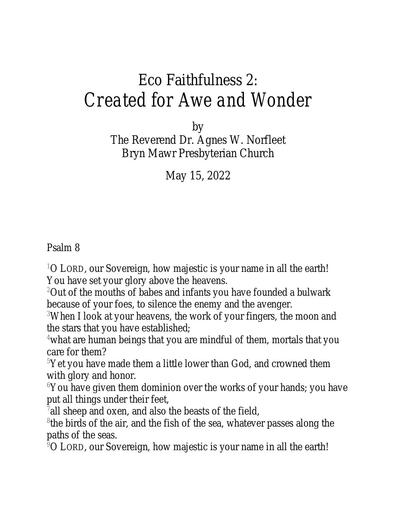 Sunday, May 15, 2022 Sermon: Created for Awe and Wonder by the Rev. Agnes W. Norfleet