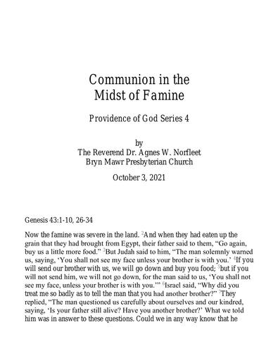 Sunday, October 3, 2021 Sermon: Communion in Famine by the Rev. Dr. Agnes W. Norfleet