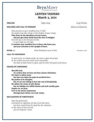 Wednesday, March 3, 2021 Bulletin - Lenten Vesper Service