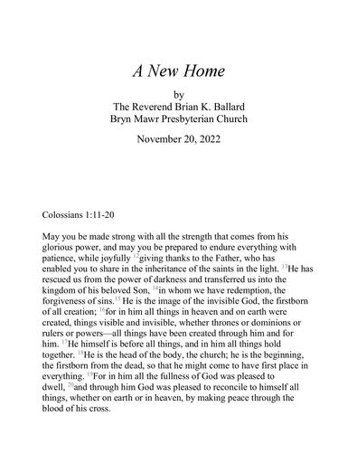 Sunday, November 20, 2022 Sermon: A New Home by Rev. Brian K. Ballard