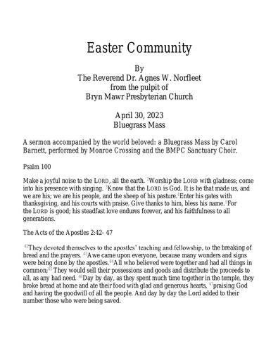 Sunday, April 30 Sermon: Easter Community by the Rev. Dr. Agnes W. Norfleet