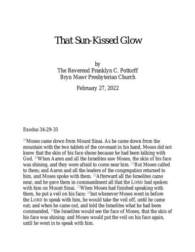 Sunday, February 27, 2022 Sermon: That Sun Kissed Glow by the Rev. Franklyn C Pottorff
