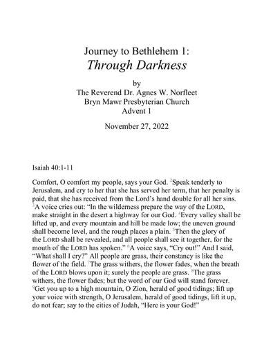 Rev Agnes W Norfleet Journey to Bethlehem 1 Through Darkness 11 27 22