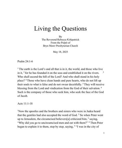 Sunday, May 18, 2025 Sermon: Living the Questions