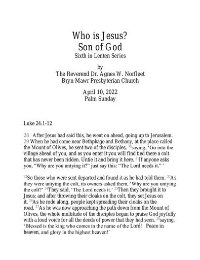 Sunday, April 10, 2022 Sermon: Son of God by the Rev. Agnes W. Norfleet
