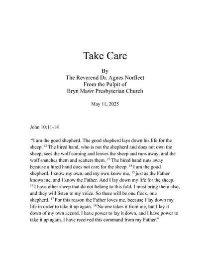 Sunday, May 11, 2025 Sermon: Take Care