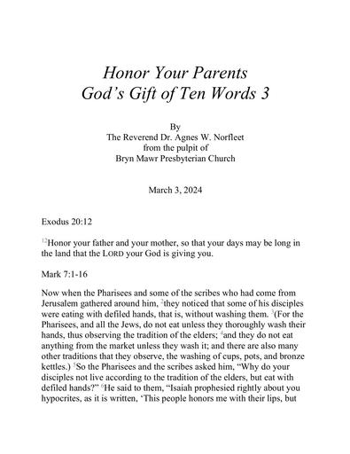 Sunday, March 3, 2024 Sermon: Honor Your Parents: Third, God's Gift of Ten Words by The Rev. Agnes W. Norfleet