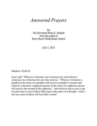 Sunday, July 2 Sermon: Answered Prayers by the Rev. Brian K. Ballard