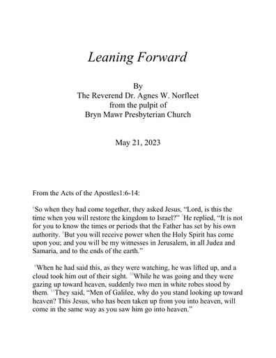 Sunday, May 21 Sermon: Leaning Forward by the Rev. Dr. Agnes W. Norfleet