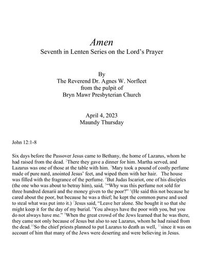 Maundy Thursday, April 6, 2023 Sermon: Amen by The Rev. Dr. Agnes W. Norfleet