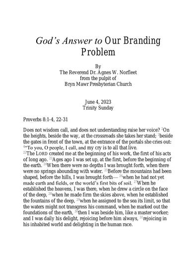 Sunday, June 4 Sermon: God's Answer to Our Branding Problem by the Rev. Dr. Agnes W. Norfleet