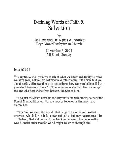 Sunday, November 6, 2022 Sermon: Salvation by the Rev. Dr. Agnes W. Norfleet
