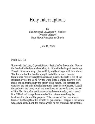 Sunday, June 11 Sermon: Holy Interruptions by the Rev. Dr. Agnes W. Norfleet