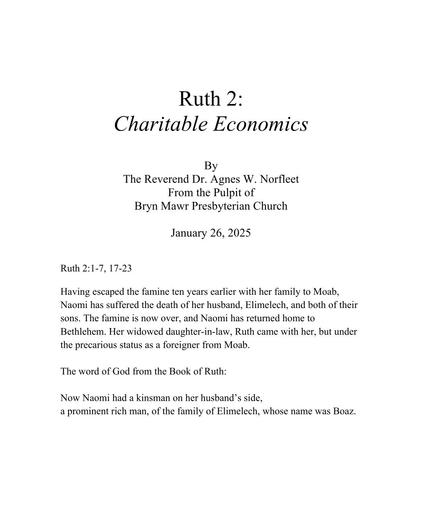 Sunday, January 26, 2025 Sermon: Ruth 2: Charitable Economics by the Rev. Dr. Agnes W. Norfleet