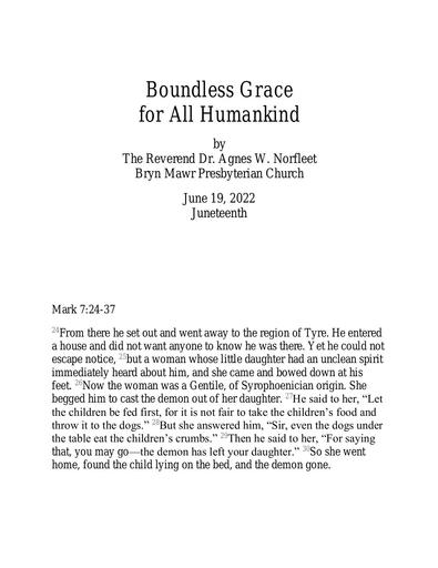 Sunday, June 19, 2022 Sermon: Boundless Grace for all Humankind by the Rev. Dr. Agnes W.  Norfleet