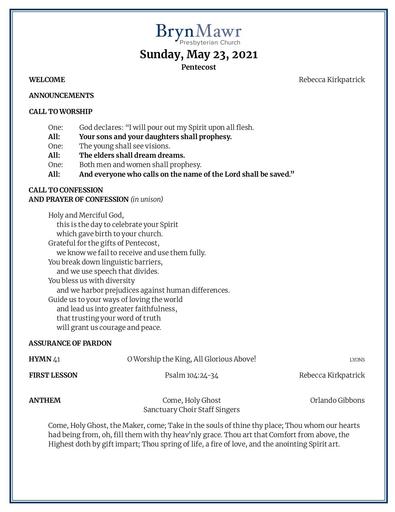 Sunday, May 23, 2021 Bulletin