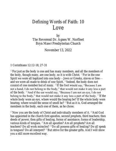 Sunday, November 13, 2022 Sermon: Love by Rev. Dr. Agnes W. Norfleet