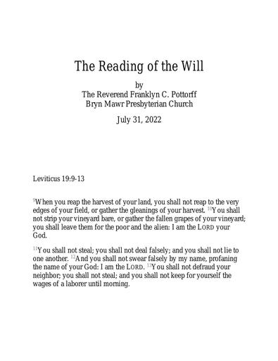 Sunday, July 31, 2022 Sermon: The Reading of the Will by the Rev. Franklyn C. Pottorff