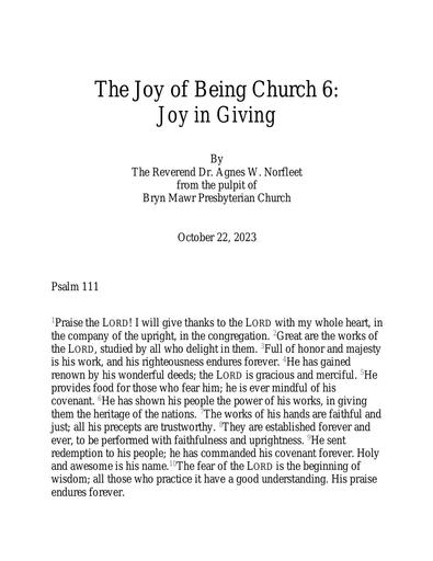 Sunday, October 22, 2023 Sermon: The Joy of Being Christ's Church 6: Joy in Giving by the Rev. Dr. Agnes W. Norfleet