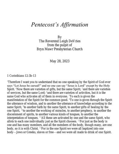 Sunday, May 28 Sermon: Pentecost's Affirmations by the Rev. Leigh DeVries