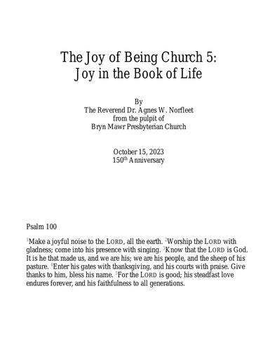 Sunday, October 15, 2023 Sermon: The Joy of Being Christ's Church 5: Joy in the Book of Life by the Rev. Dr. Agnes W. Norfleet