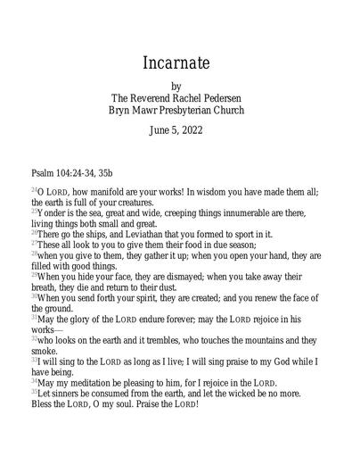 Sunday, June 5, 2022 Sermon: Incarnate by the Rev. Rachel Pedersen