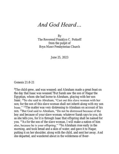 Sunday, June 25 Sermon: And God Heard by the Rev. Dr. Franklyn C. Pottorff