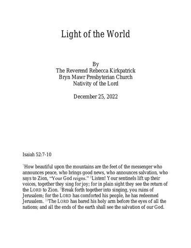 Sunday, December 25, 2022 Sermon: Light of the World by the Rev. Rebecca Kirkpatrick