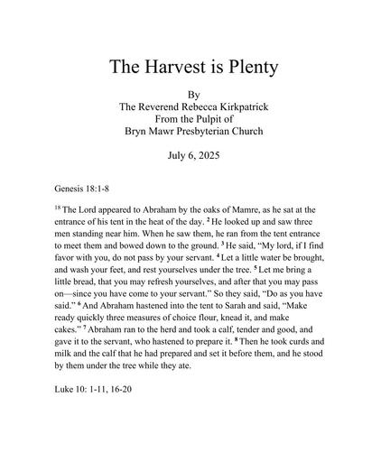 Sunday, July 6, 2025 Sermon: The Harvest is Plenty