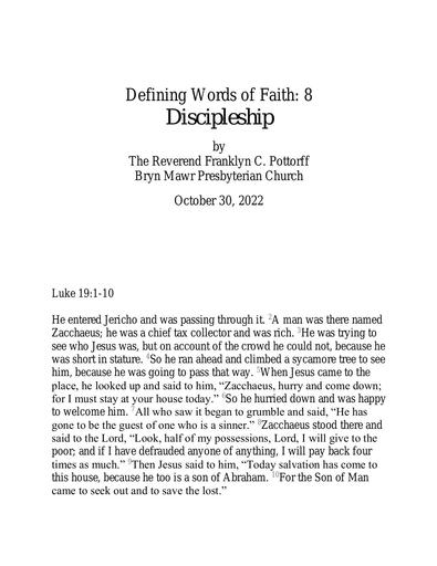 Sunday, October 30, 2022 Sermon: Discipleship by Rev. Franklyn C. Pottorff