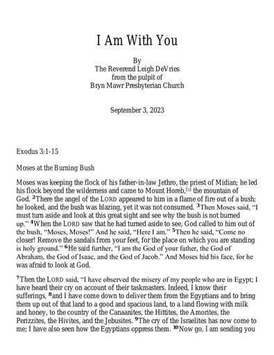 Sunday, September 3, 2023 Sermon: I am with you by the Rev. Leigh DeVries