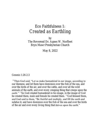 Sunday, May 8, 2022 Sermon: Created as Earthling by the Rev. Agnes W. Norfleet