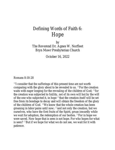 Sunday, October 16, 2022 Sermon: Hope by the Rev. Dr. Agnes W. Norfleet