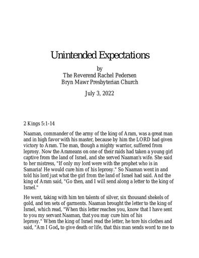 Sunday, July 3, 2022 Sermon: Unexpected Expectations by the Rev. Rachel Pedersen