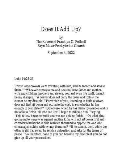 Sunday, September 4, 2022 Sermon: Does it Add Up? by the Rev. Franklyn C. Pottorff