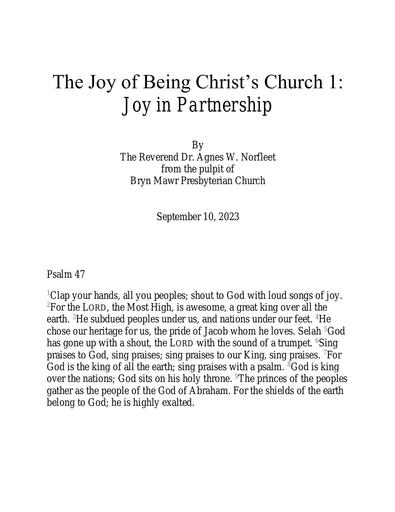 September 10, 2023 Sermon: The Joy of Being Christ’s Church 1: Joy in Partnership by the Rev. Dr. Agnes W. Norfleet