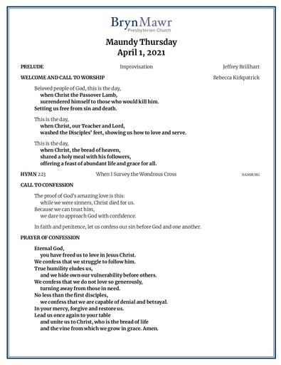 Maundy Thursday, April 1, 2021 Bulletin