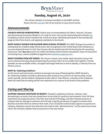 Sunday, August 16, 2020 - Announcement File