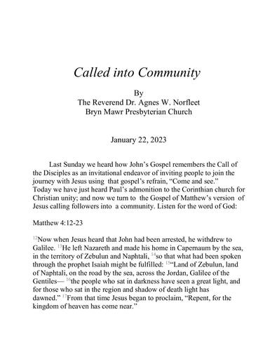 Sunday, January 22, 2023 Sermon: Called Into Community by the Rev. Dr. Agnes W. Norfleet
