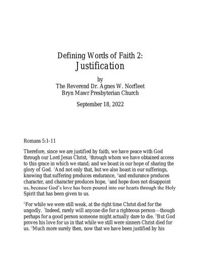 Sunday, September 18, 2022 Sermon: Justification by the Rev. Dr. Agnes W. Norfleet