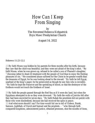 Sunday, August 14, 2022 Sermon: How Can I Keep from Singing by Rev. Rebecca Kirkpatrick