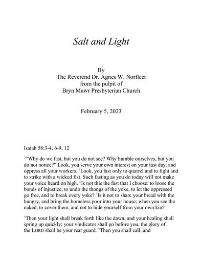 Sunday, February 5, 2023 Sermon: Salt and Light by the Rev. Dr. Agnes W. Norfleet
